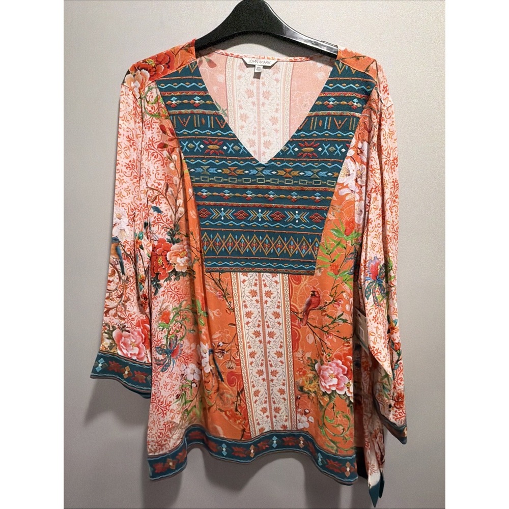 John Mark NWT OX Orange Floral Bird Print Embroidered V Neck 3/4 Tunic Top